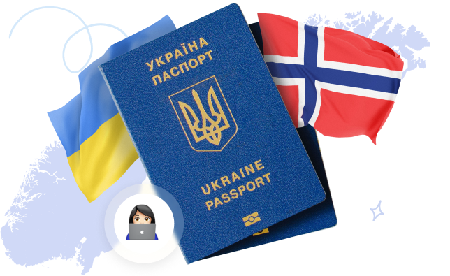 Ukrainian passport in Ukrainian and Norwegian flags background